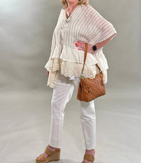 Pol - Striped Eyelet Ruffle Poncho Top