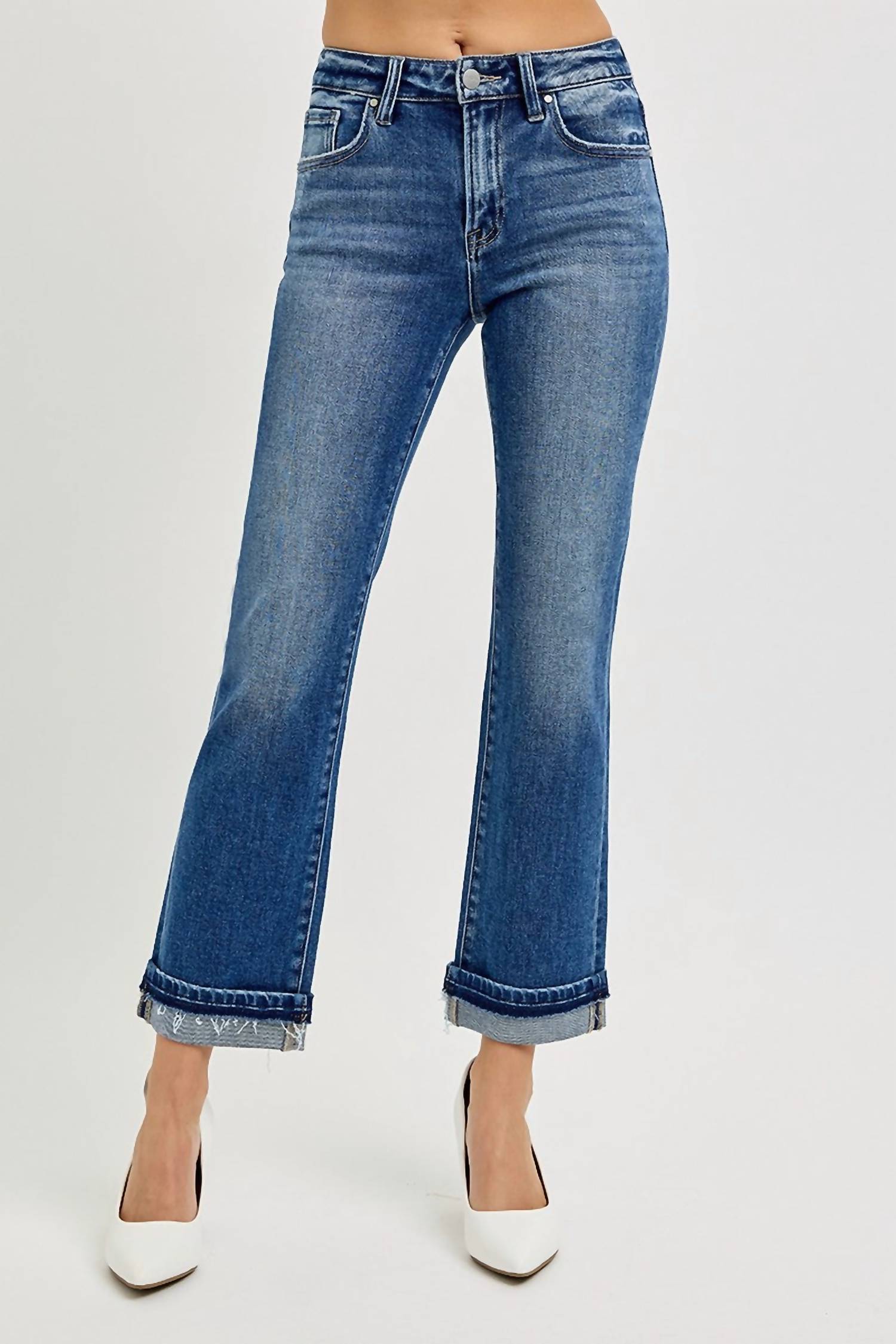 Risen - Mid Rise Ankle Straight Cuffed Jeans
