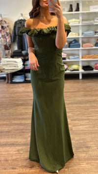 Maniju Ruffle Off The Shoulder Gown in olive - women's dress