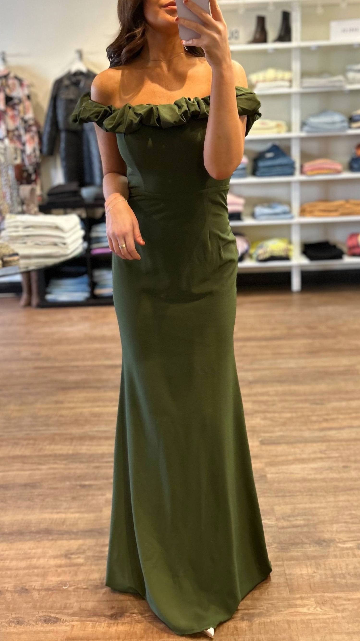 Maniju Ruffle Off The Shoulder Gown in olive - women's dress