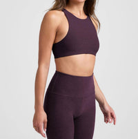 BEYOND YOGA Spacedye Refocus Bra in eggplant purple heather - women's intimate - detail view