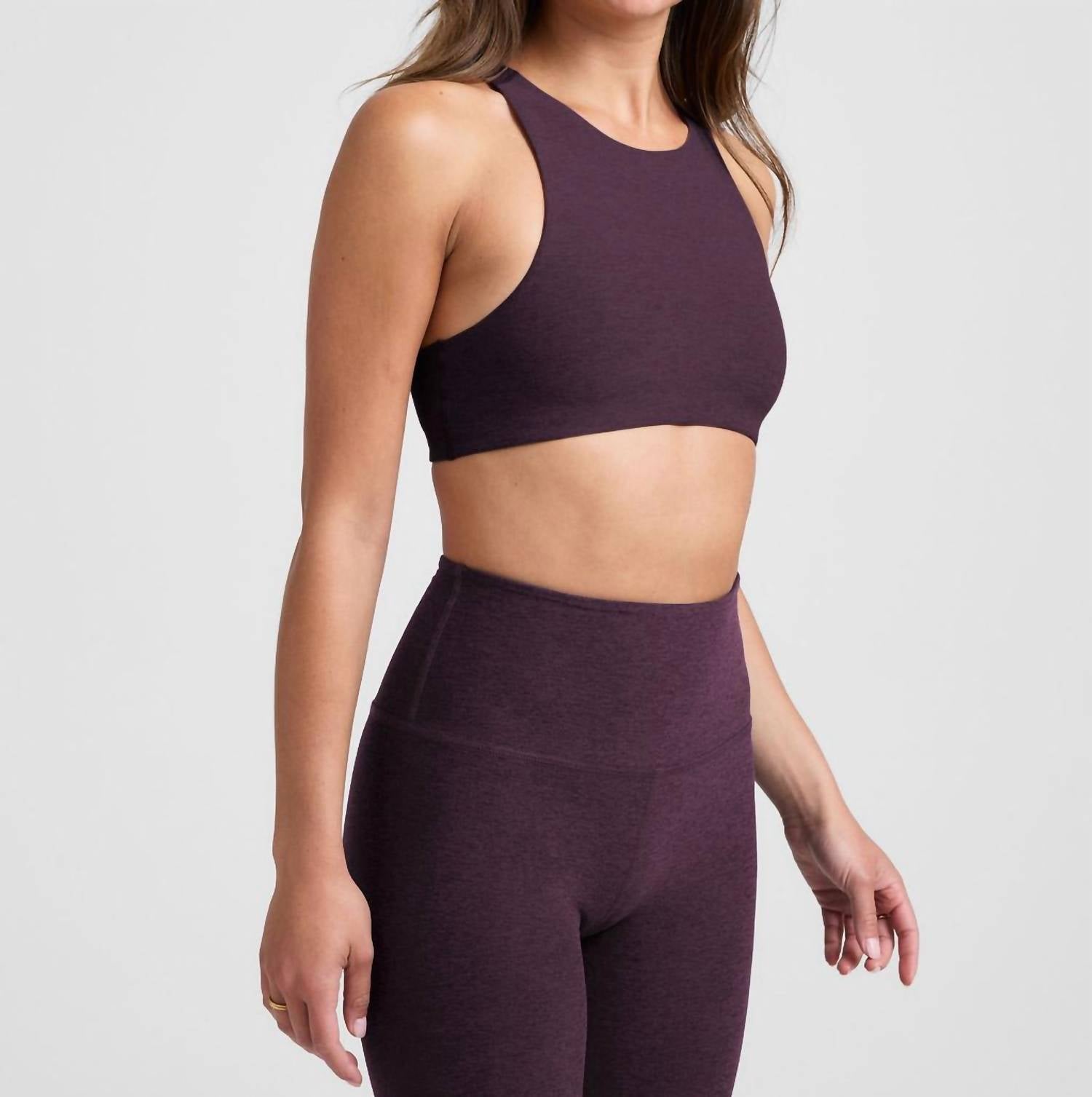 BEYOND YOGA Spacedye Refocus Bra in eggplant purple heather - women's intimate - detail view