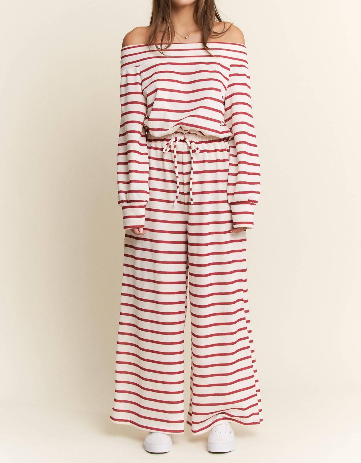 Jade By Jane - Off-shoulder Terry Striped Relaxed Fit Jumpsuit