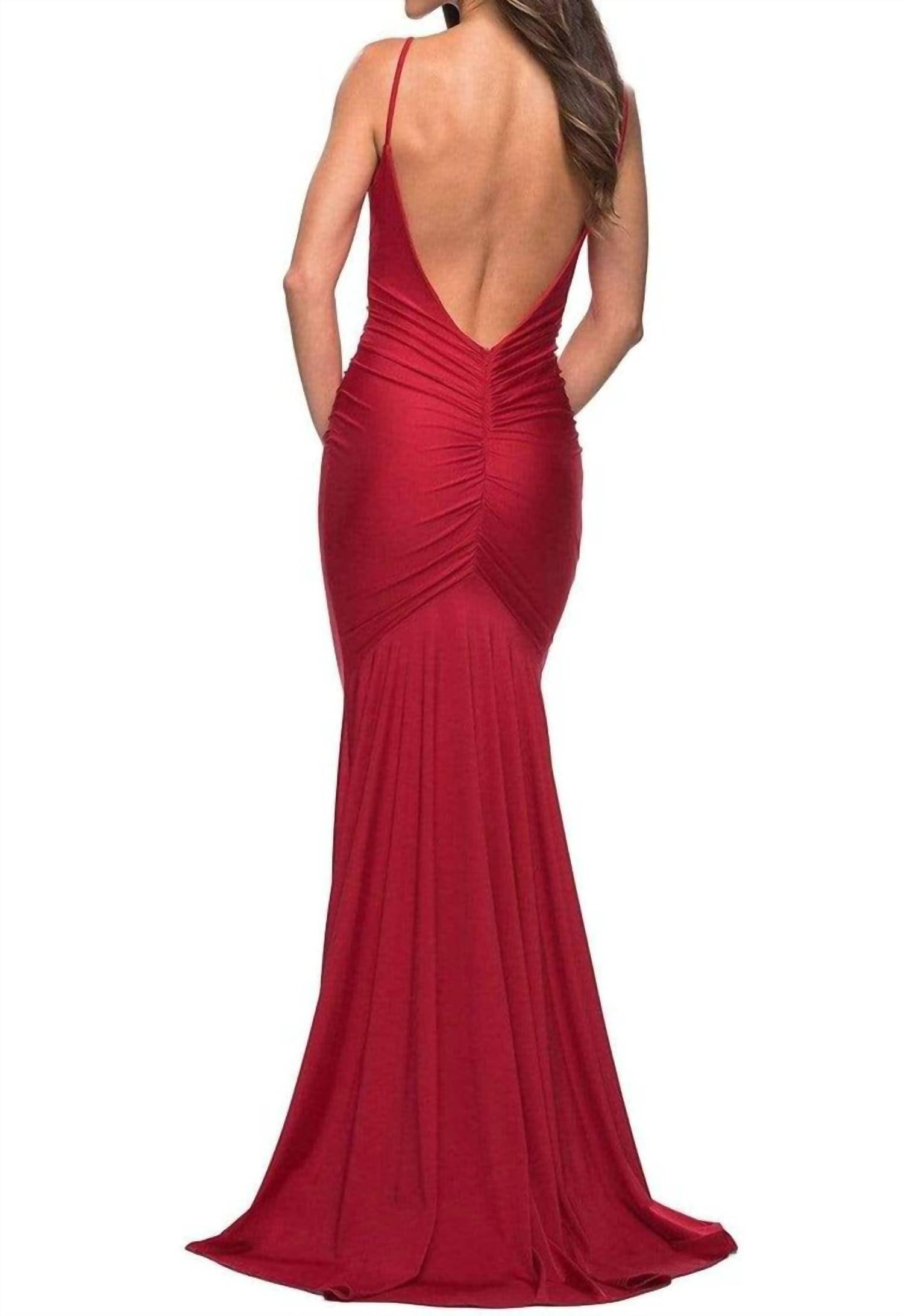 La Femme - Jersey Ruched Cowl Neck Mermaid Gown