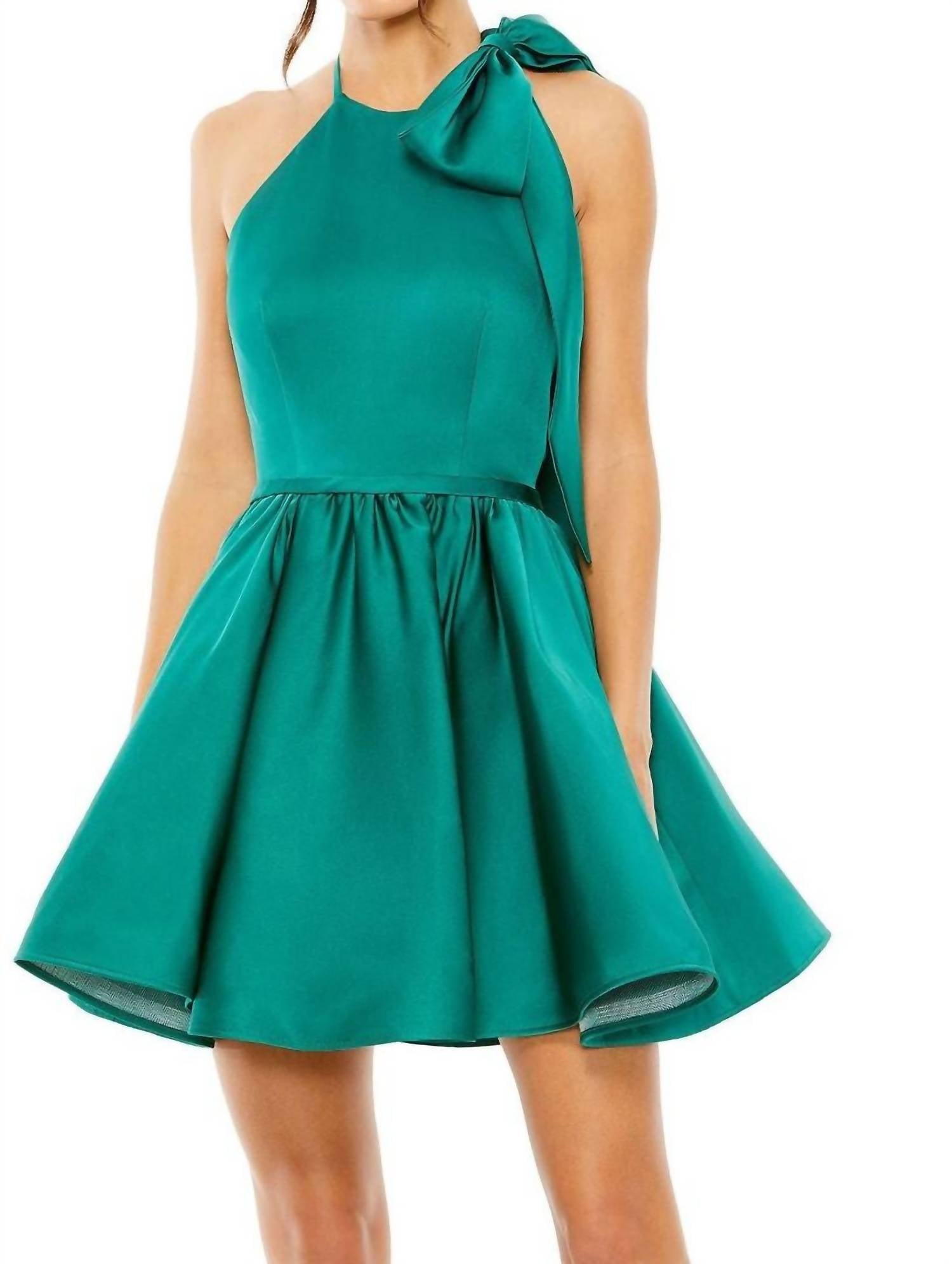 Ieena For Mac Duggal - Brocade Halter Bow Neck Sleeveless Full Skirt Mini Dress