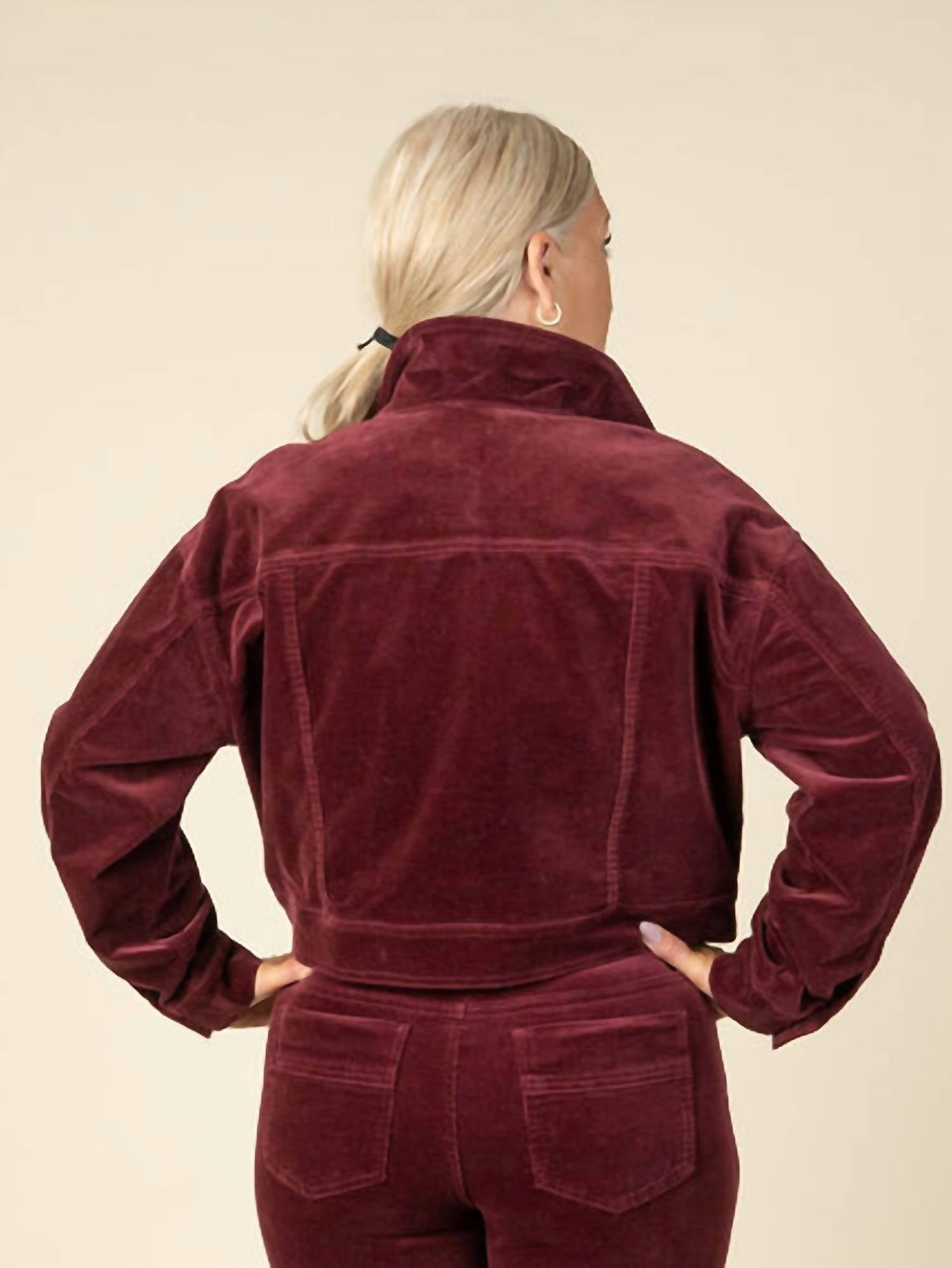 TRIBAL Long Sleeve Button Down Cordoroy Jacket in wine - women's jacket - detail view