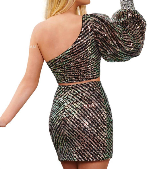 Rachel Allan - One Shoulder Puff Sleeve Sequin Dress