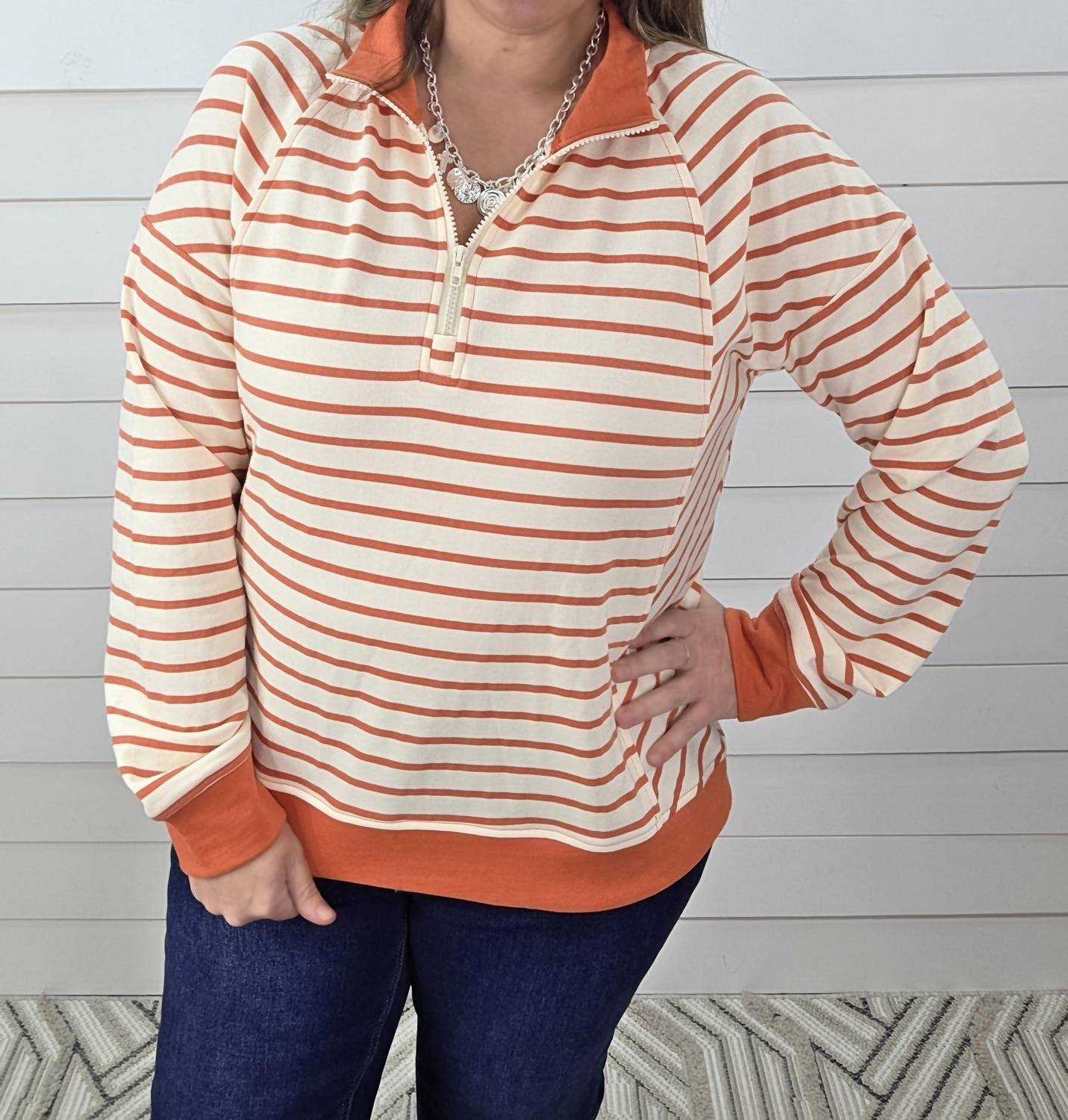 STACCATO Striped French Terry Quarter Zip in tangerine - women's long sleeve top - alternate view