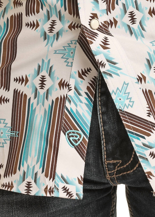 Panhandle - Rock & Roll Denim Aztec Print Long Sleeve Snap Shirt