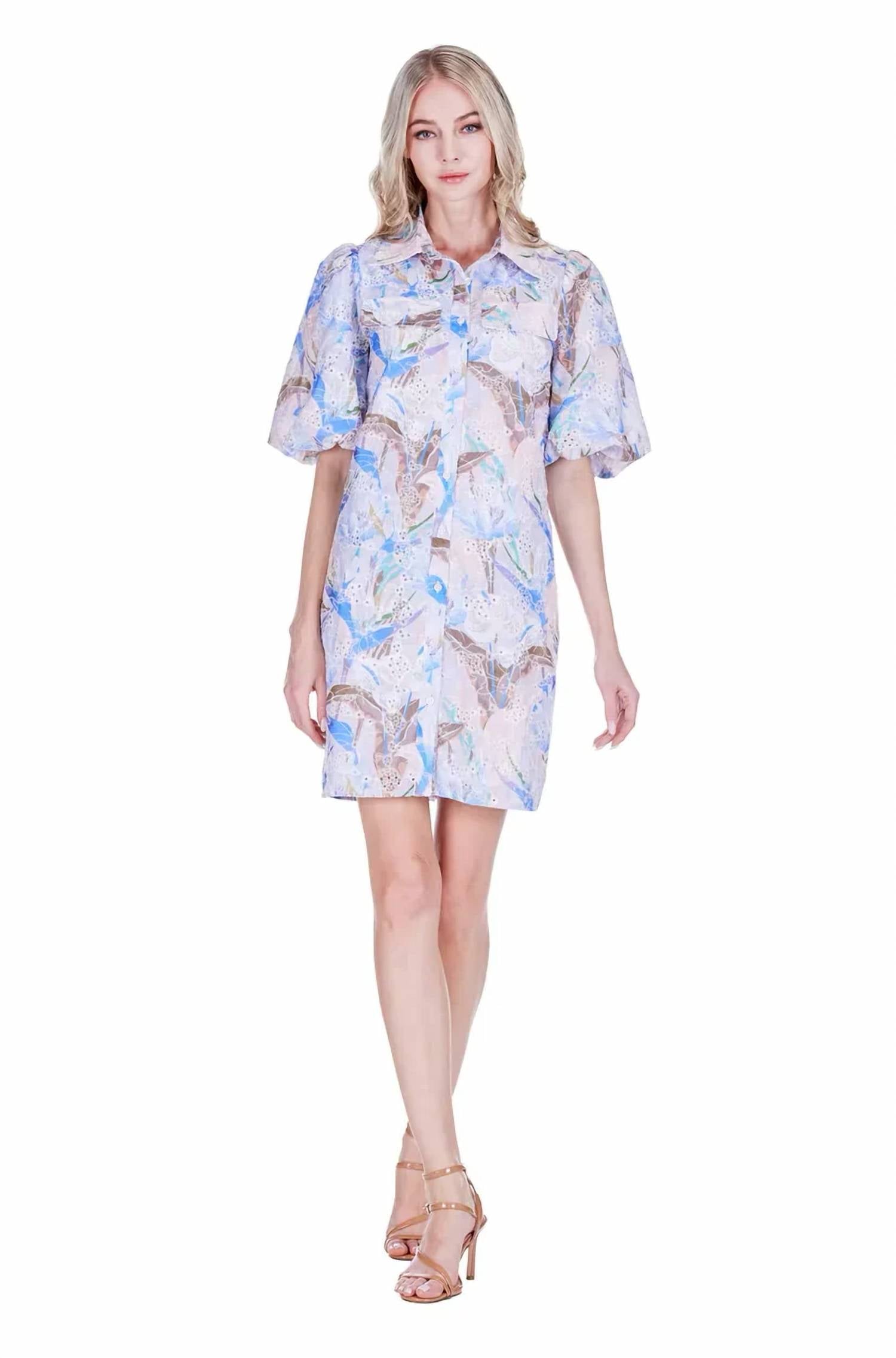Joy Joy - Puff Sleeve Fitted Shirt Mini Dress