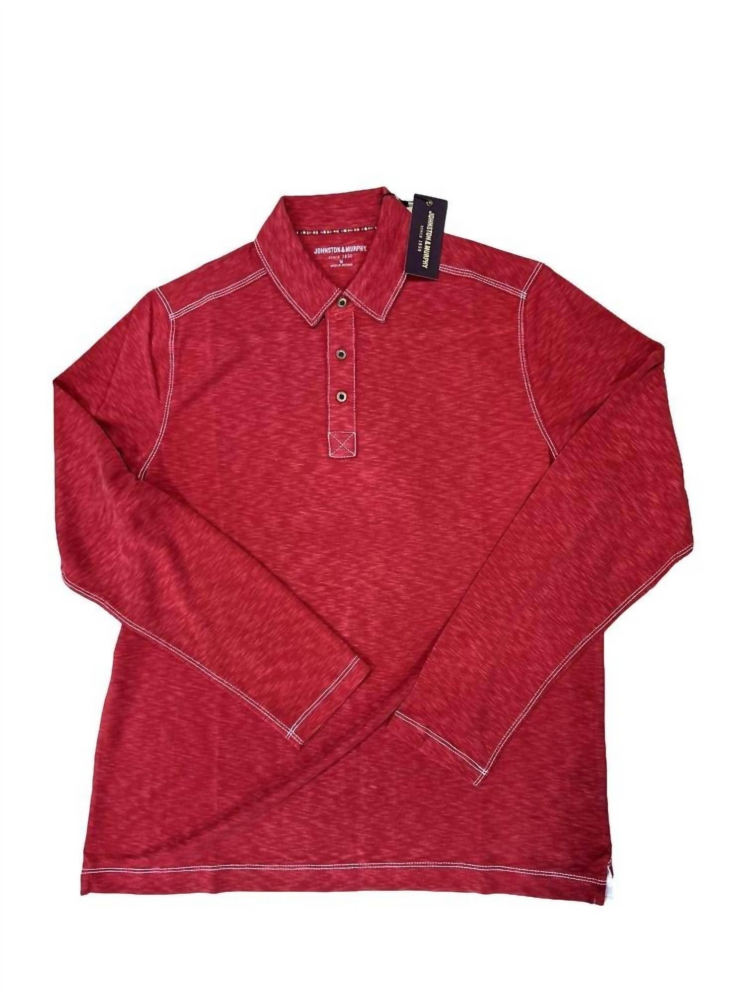 JOHNSTON & MURPHY Men's Vintage Slub Long Sleeve Polo in red - men's shirt