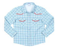 Blue Quail Clothing Co. Tattersall Pearl Snap Long Sleeve Shirt in blue - kids' shirt - detail view