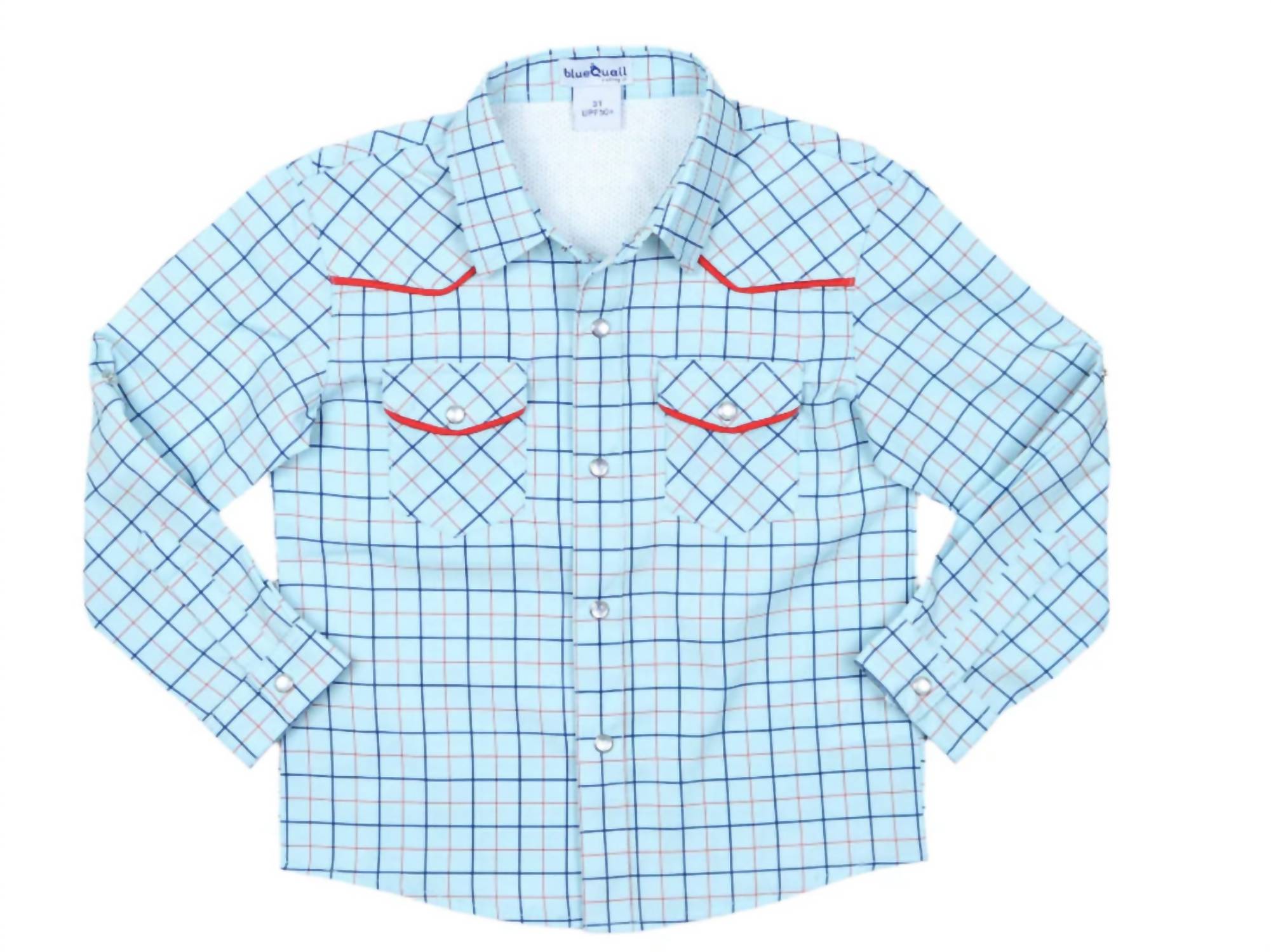 Blue Quail Clothing Co. Tattersall Pearl Snap Long Sleeve Shirt in blue - kids' shirt - detail view