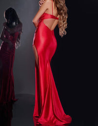 JOVANI Strapless Satin With High Slit And Beaded Bust Gown in red - women's dress - alternate view