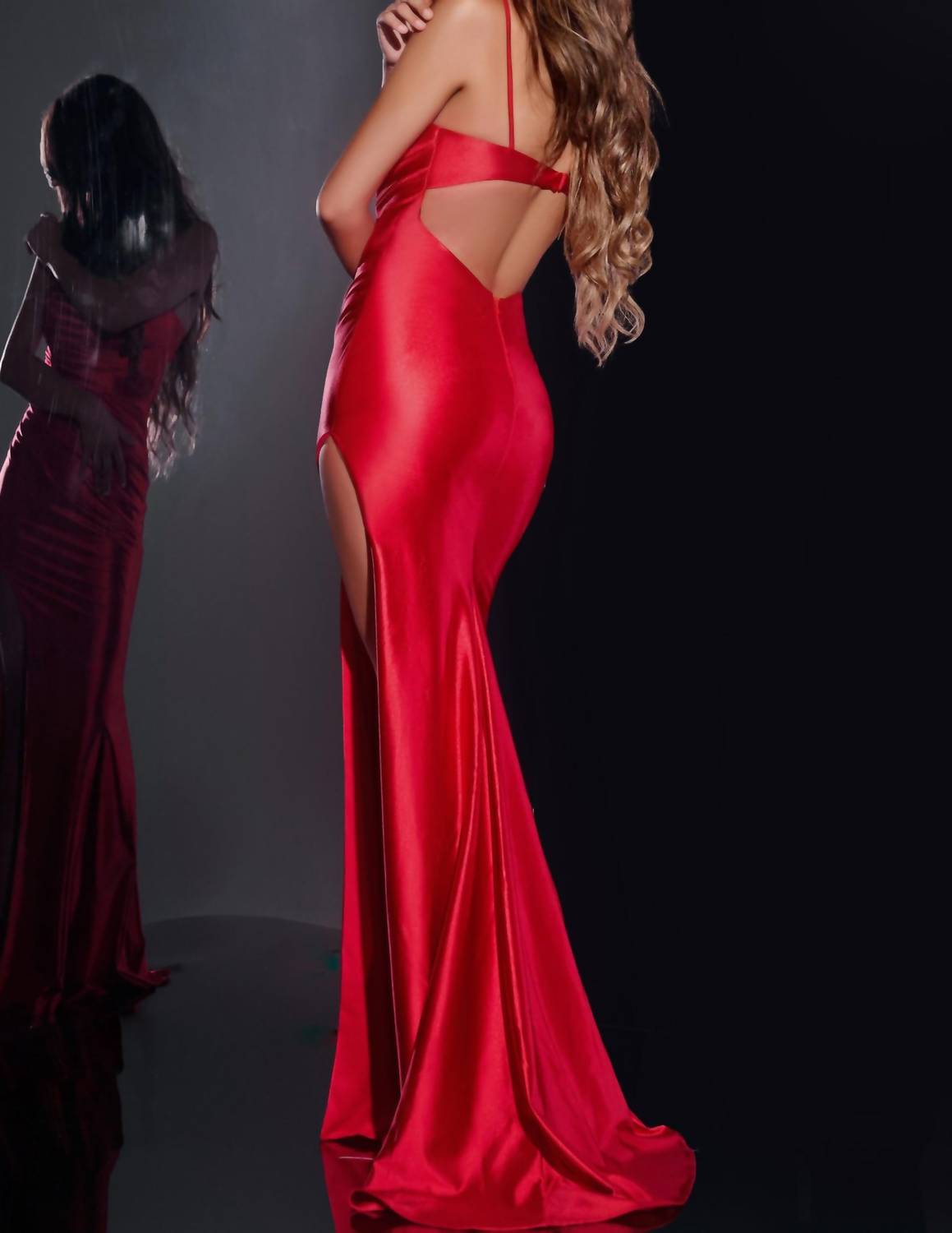 JOVANI Strapless Satin With High Slit And Beaded Bust Gown in red - women's dress - alternate view