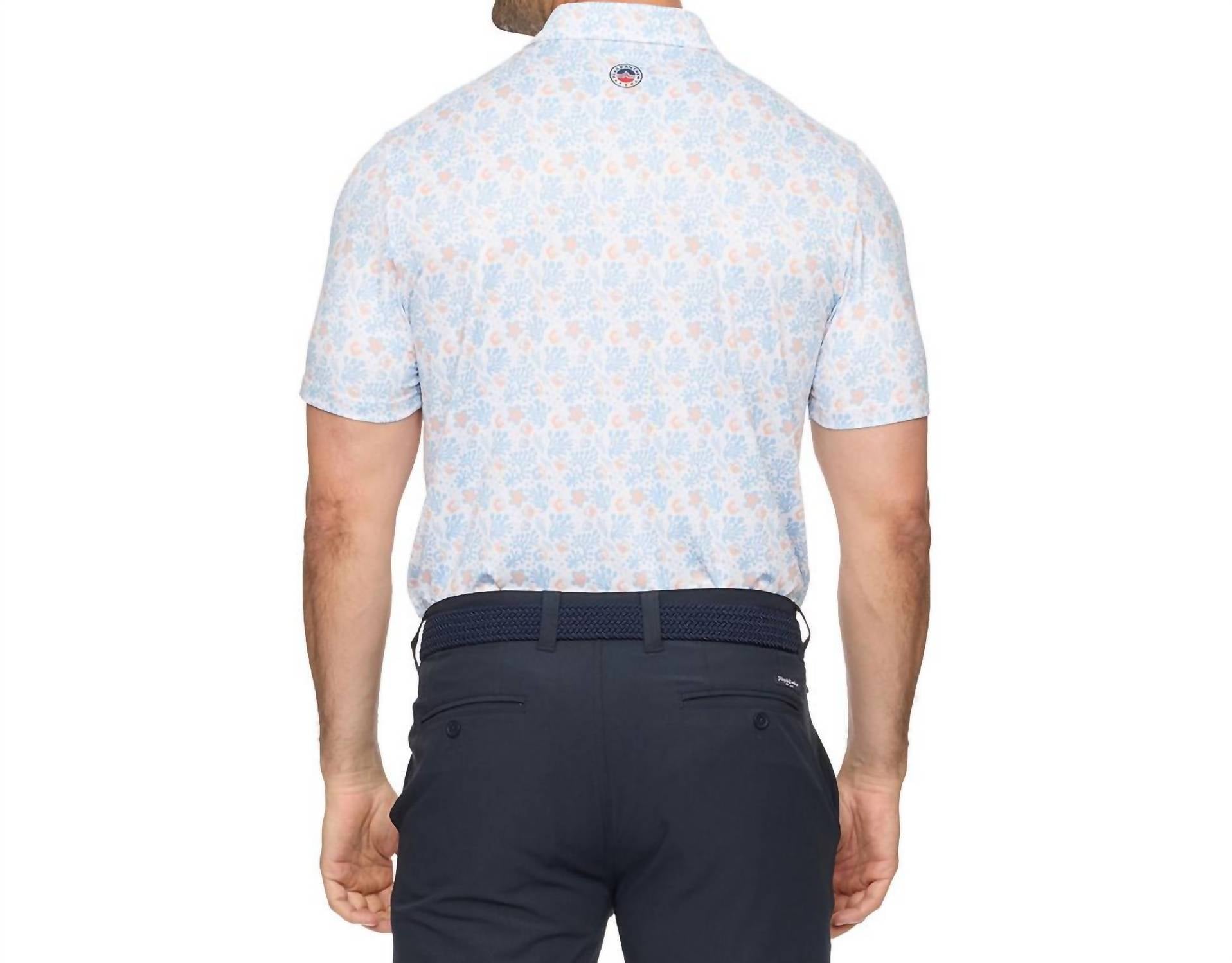 Flags & Anthem Berryville Short Sleeve Floral Print Performance Polo Top in white light blue coral - men's shirt - detail view