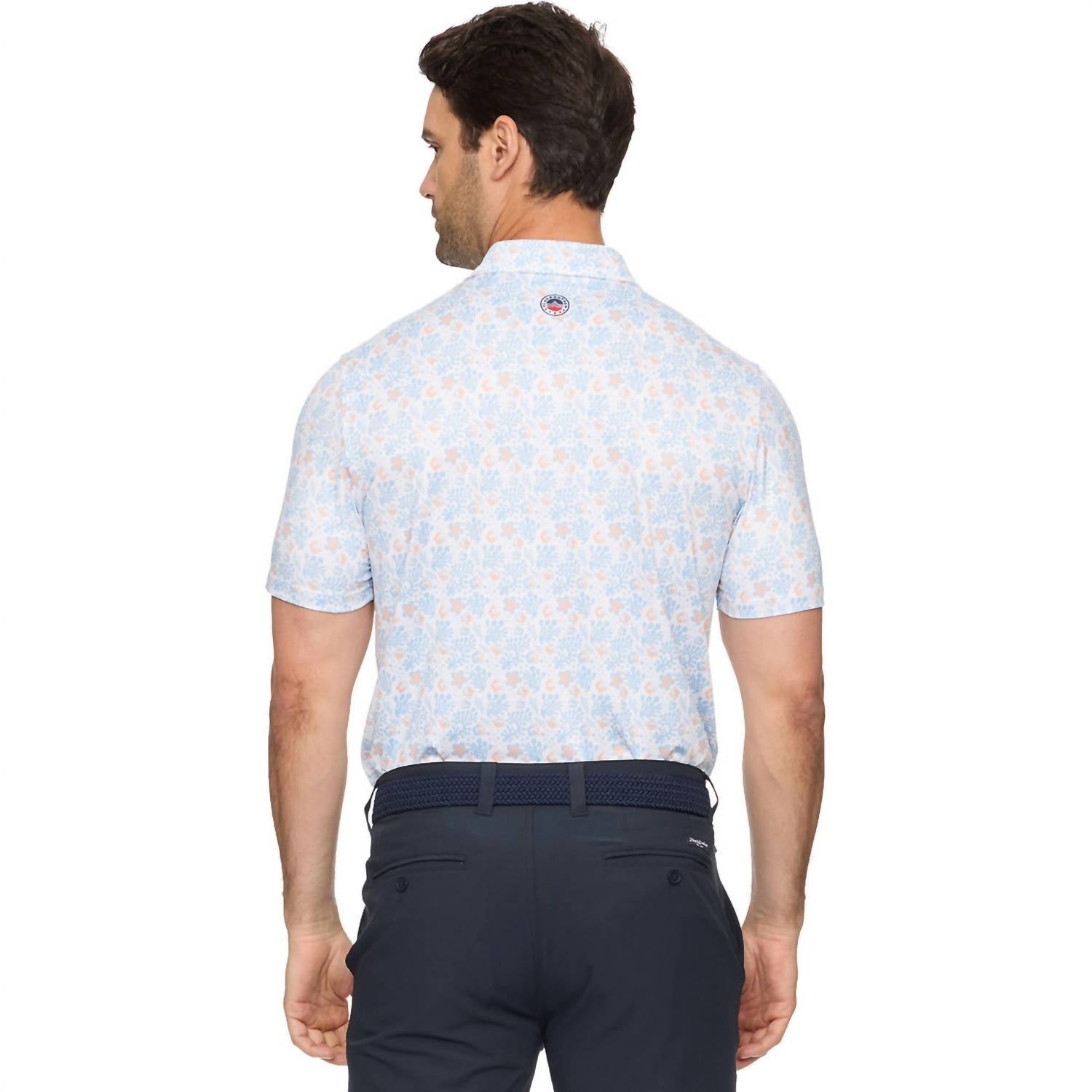 Flags & Anthem Berryville Short Sleeve Floral Print Performance Polo Top in white light blue coral - men's shirt - alternate view