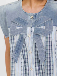 Surelymine - Denim Bow Plaid Tunic Top