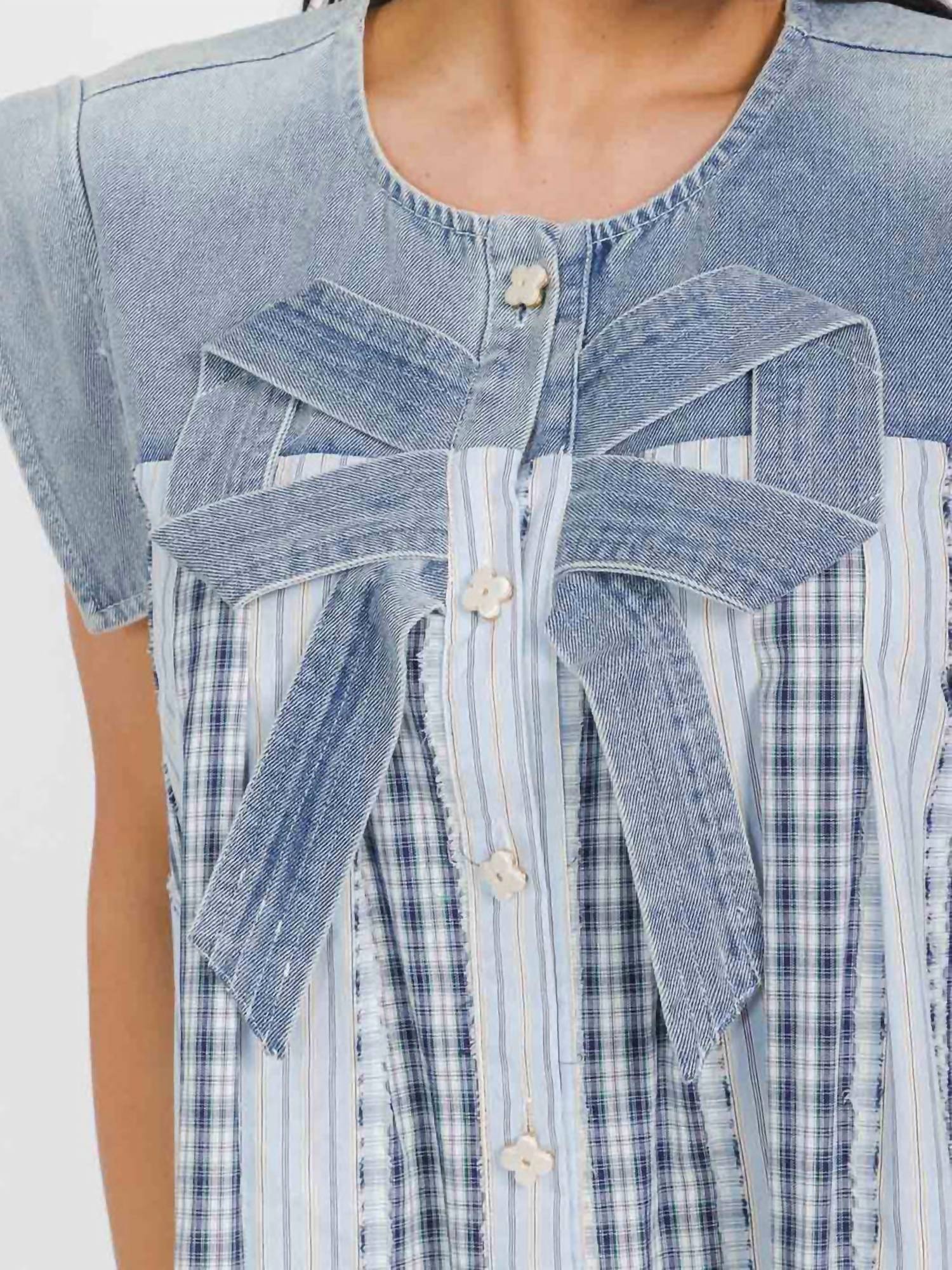 Surelymine - Denim Bow Plaid Tunic Top