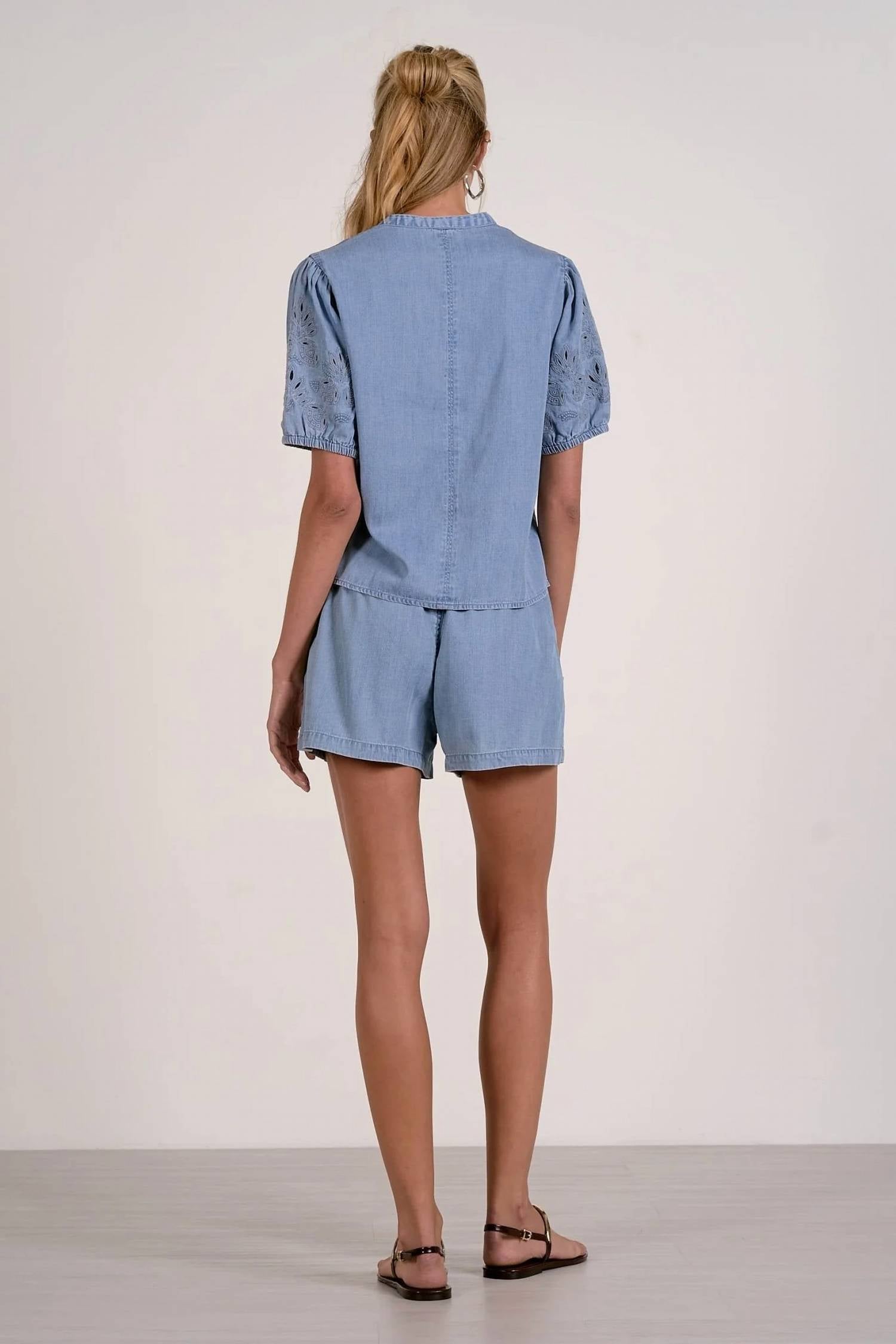 Elan - Short Sleeve Open Work Sleeves V-neck Top