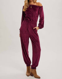 Bluivy - Velvet One Shoulder Boat Neck Jumpsuit