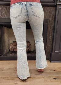 Petra153 Distressed Mid Rise Stretch Flare Jeans in light wash - women's jeans - detail view