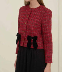 Moon River - Plaid Tweed Velvet Bow Jacket