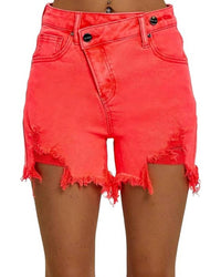 RISEN Ada Asymmetrical Distressed Shorts in coral pink - women's shorts