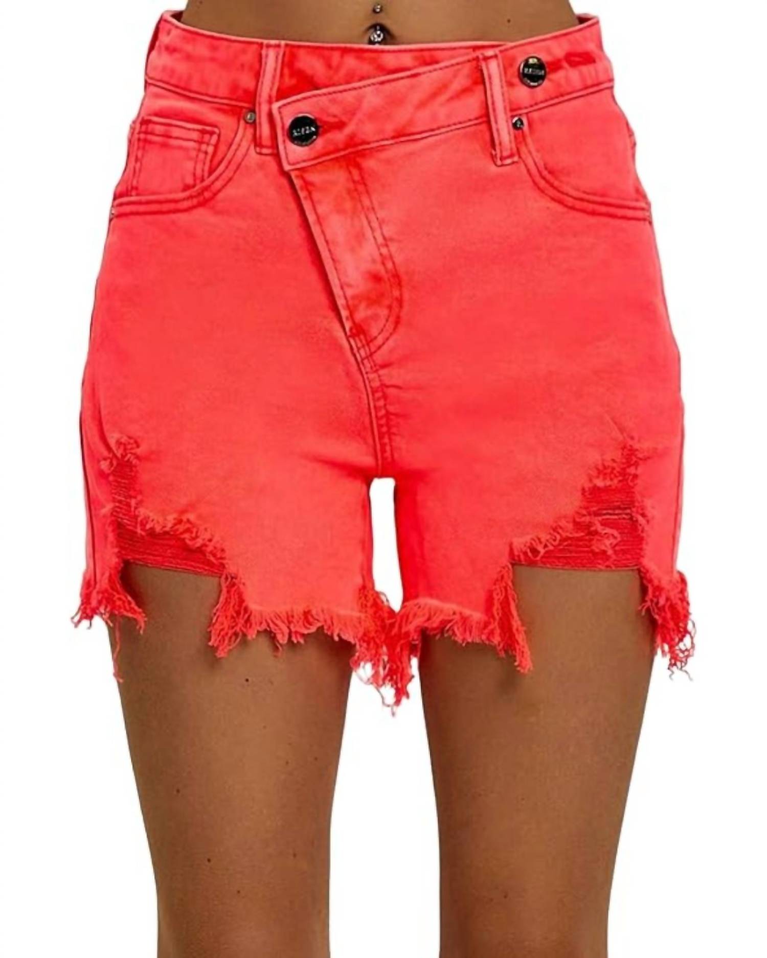 RISEN Ada Asymmetrical Distressed Shorts in coral pink - women's shorts