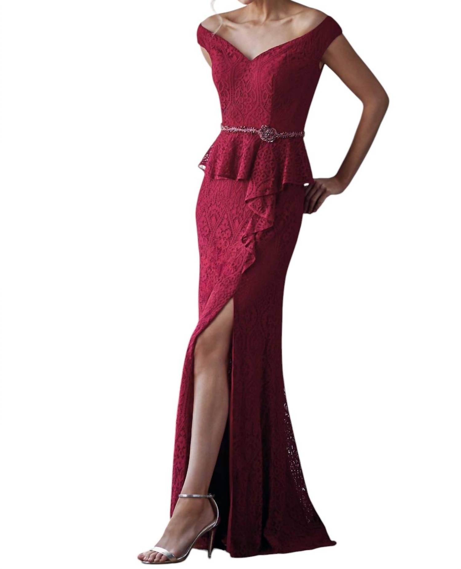 Jade Couture - Lace MOB Dress with Peplum & Portrait Neckline