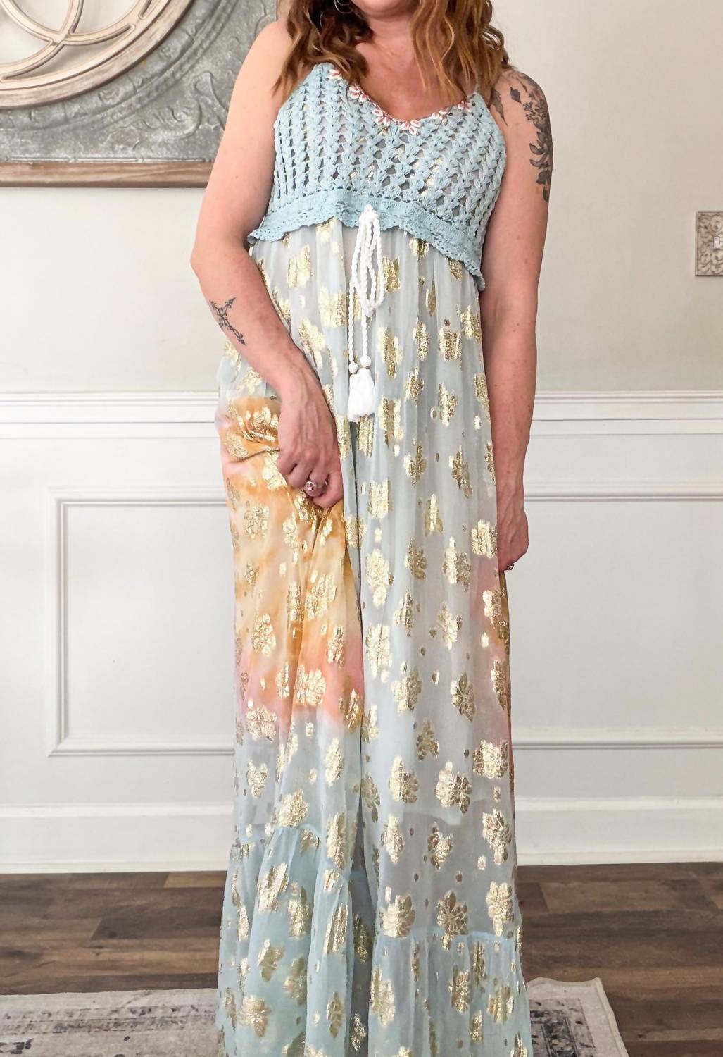 Pol - Crochet Golden Accent Boho Maxi Dress