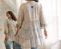 Young Threads - Mexican Embroidery Blouse Gathered Waist Shirt