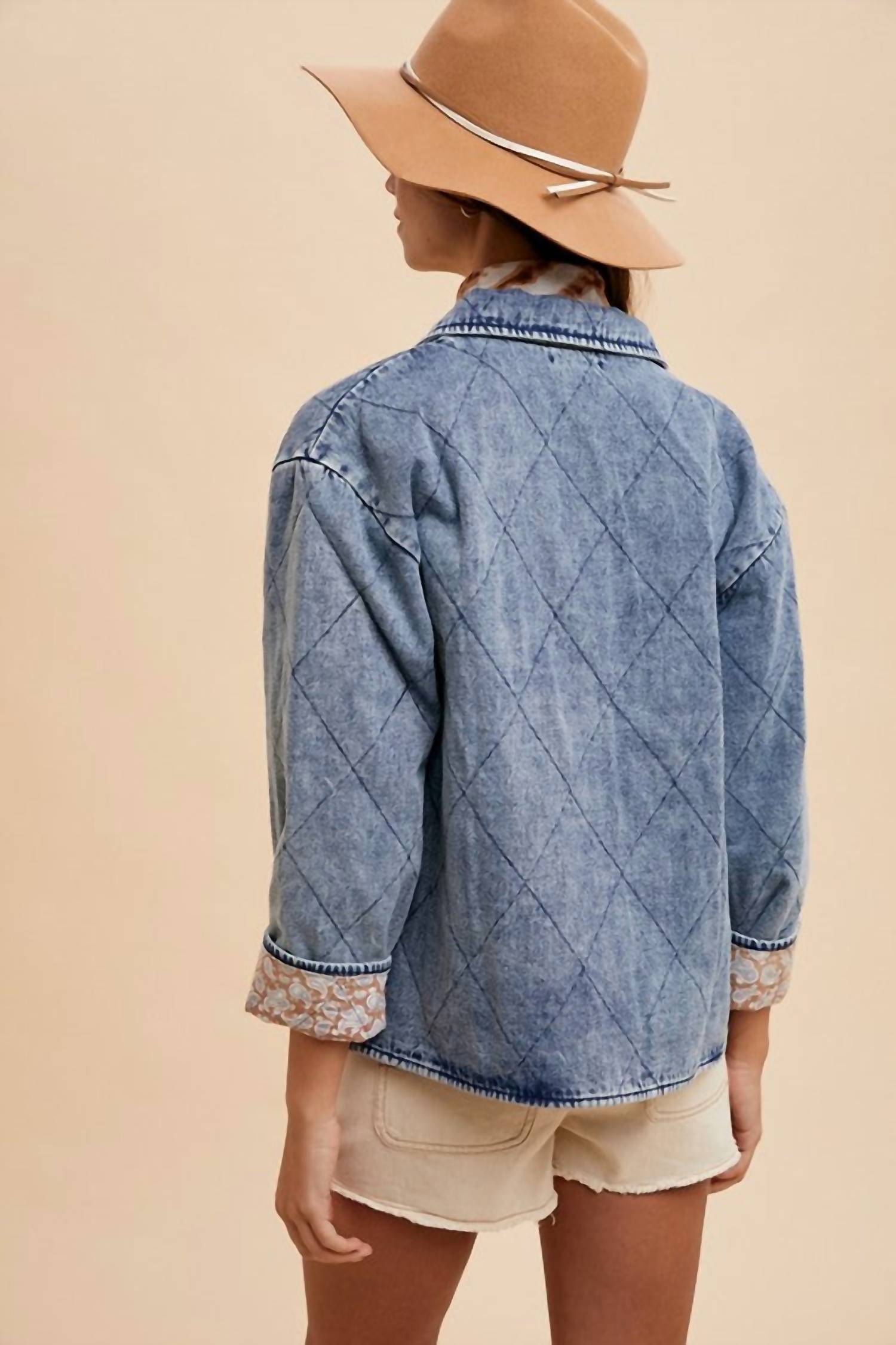 AnnieWear Contrast Lining Quilted Denim Jacket in blue - women's jacket - alternate view