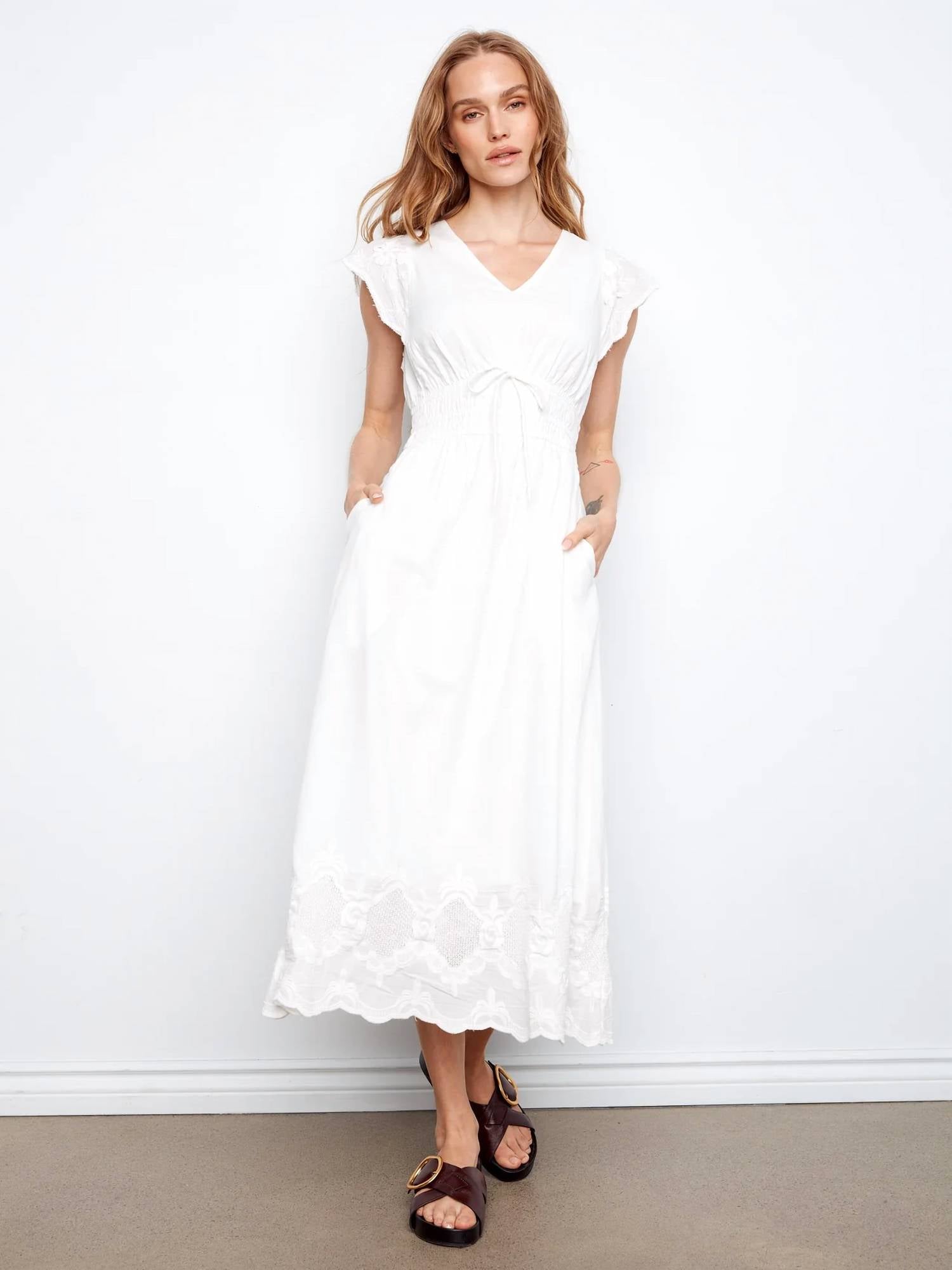 Charlie B - V-Neck Elastic Waist Dress With Ruffle Cap Sleeve