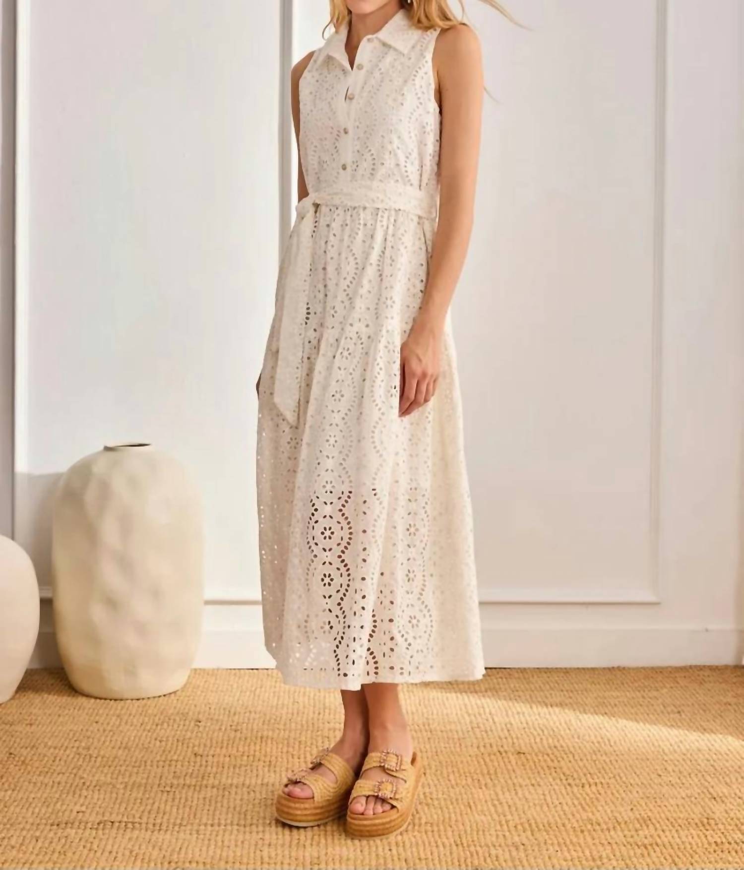 Nekane - Sleeveless Long Cotton Dress With Swiss Embroidery