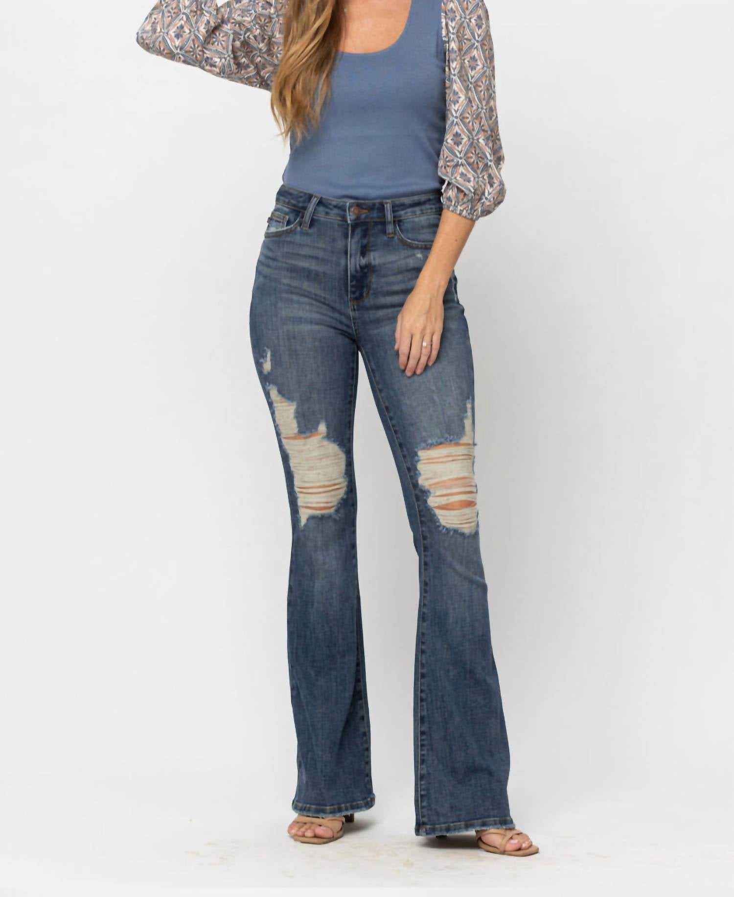 Judy Blue - High Waist Destroyed Flare Jeans - Tall Length