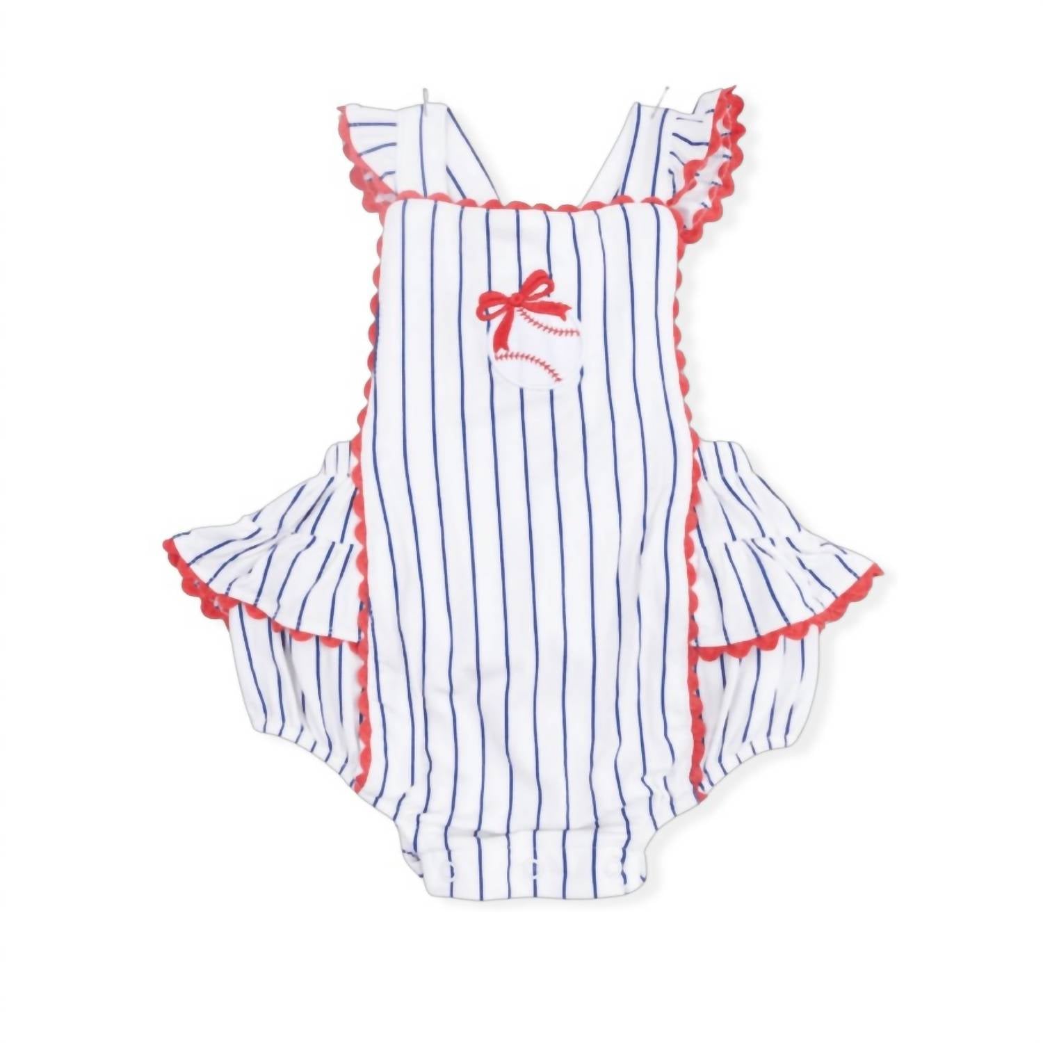 Angel Dear - Girls Baseball Stripe Bamboo Ric Rac Ruffle Sunsuit