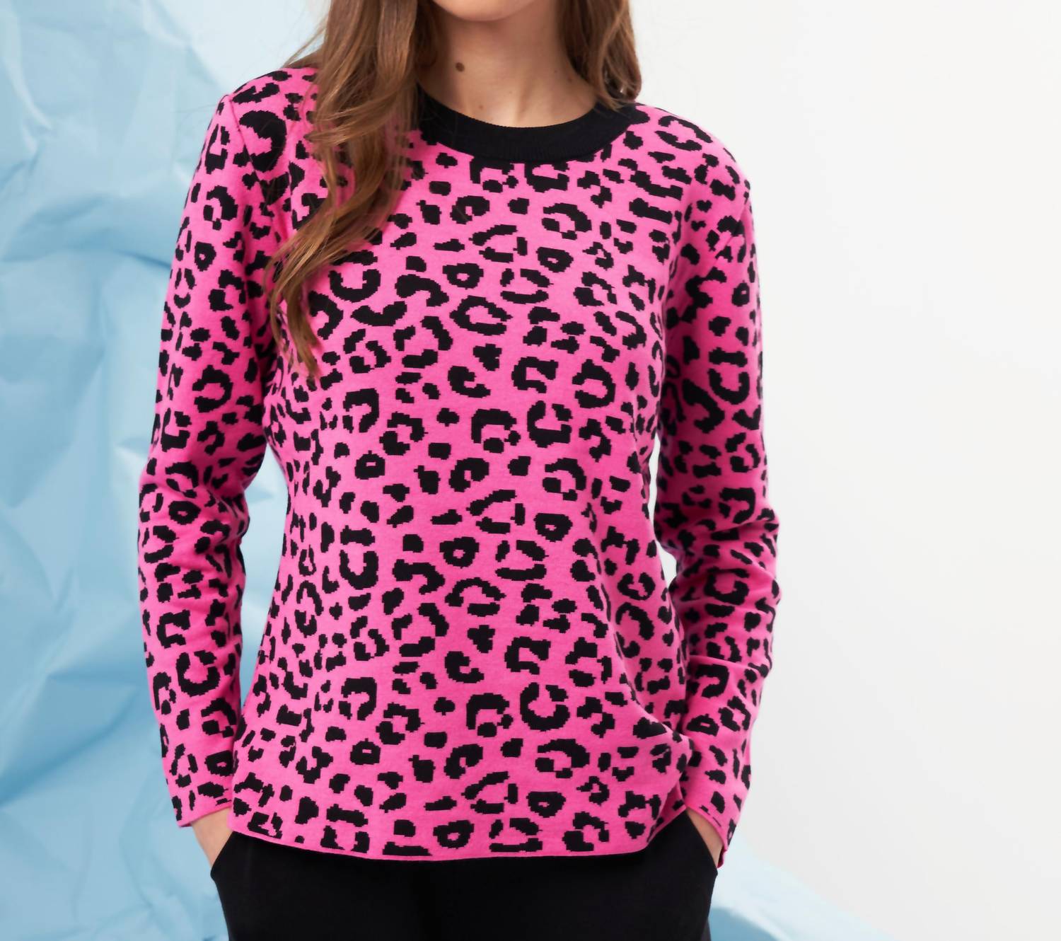 french kyss Leopard Print Scoop Neck Top in rose black - women's sweater - detail view