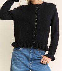 Candescent Ruffle Trim Button Up Cardigan in navy - women's cardigan