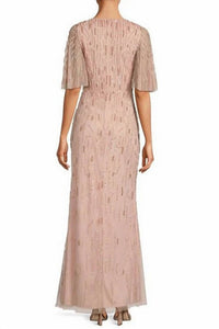 Aidan Mattox - Beaded V-neck Short Flutter Sleeve Mesh Gown