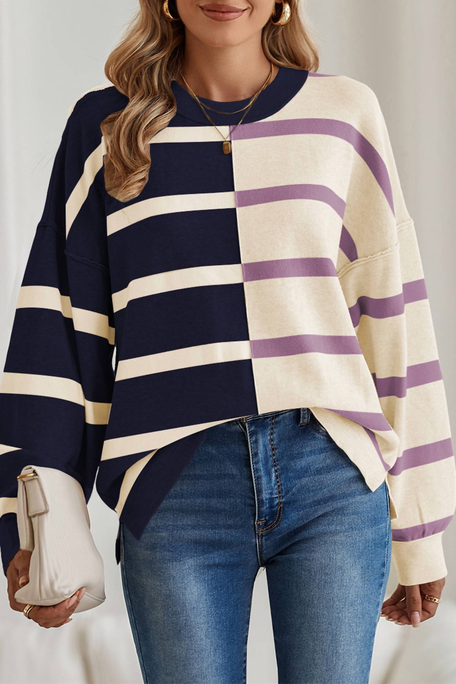 Shewin - Striped Color Block Drop Shoulder Sweater