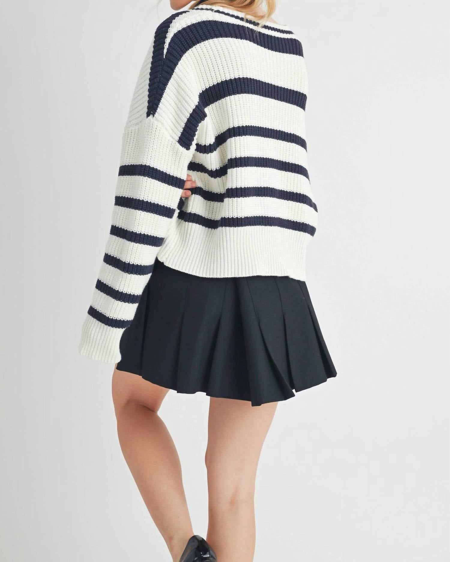AEMI + CO Bona striped cardigan in navy blue - women's cardigan - detail view