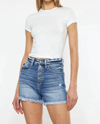 Kancan - Button Fly High Rise Raw Hem Denim Shorts