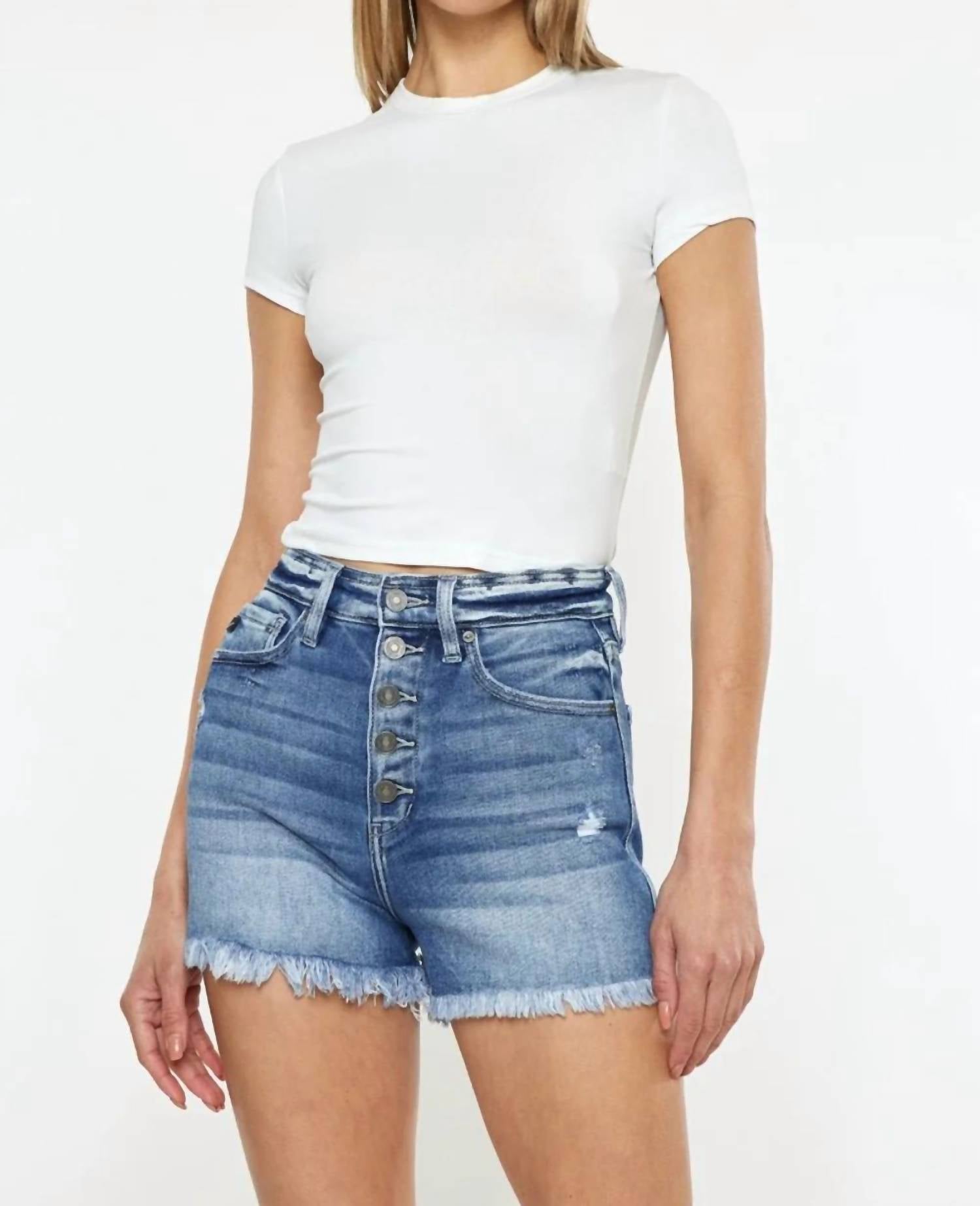 Kancan - Button Fly High Rise Raw Hem Denim Shorts