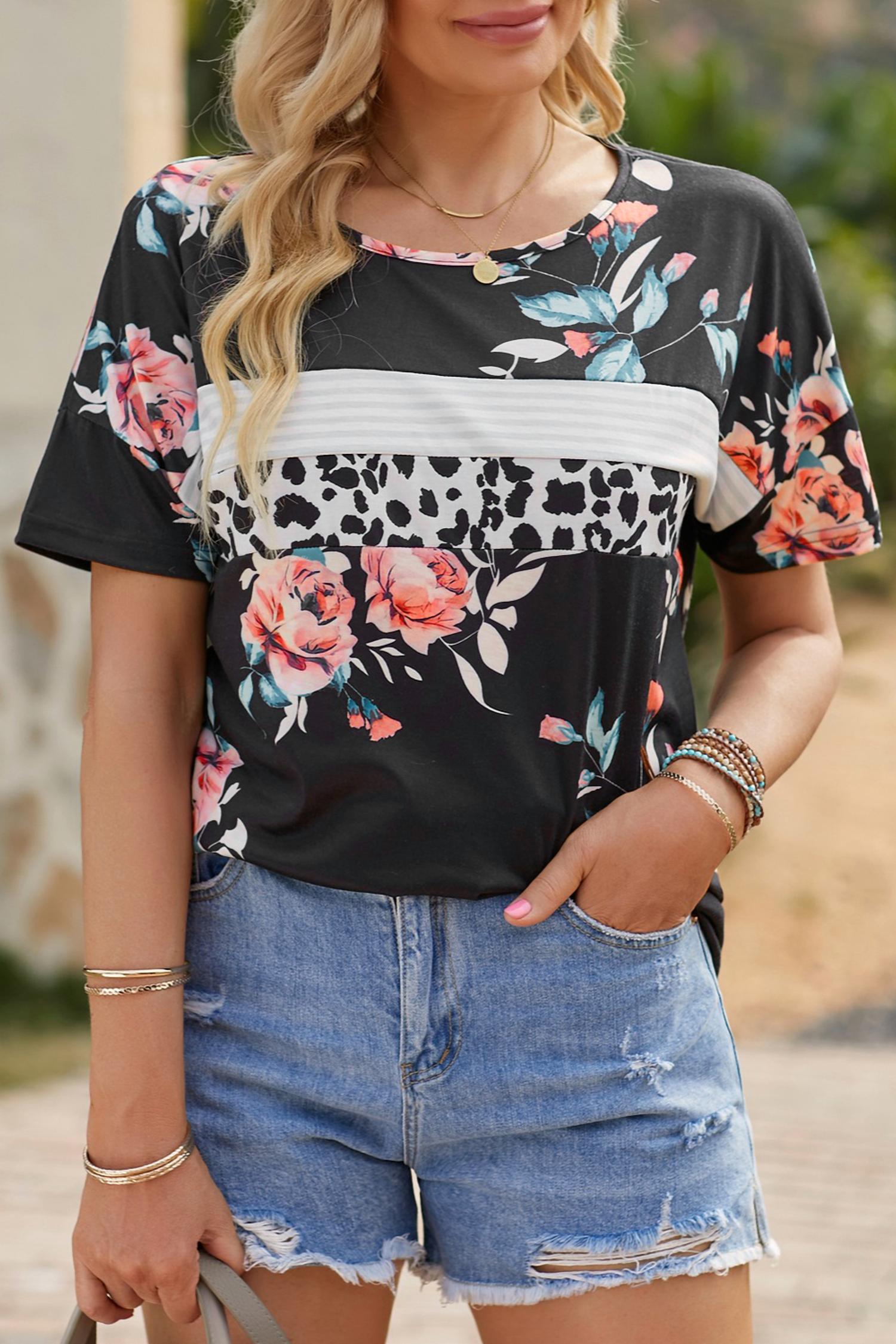 Shiying Fashion - Black leopard striped floral t-shirt