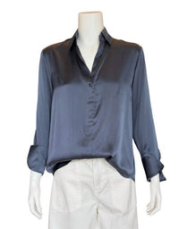 catherine gee Women's Daria French Cuff Silk Blouse in blue steel - women's blouse - detail view