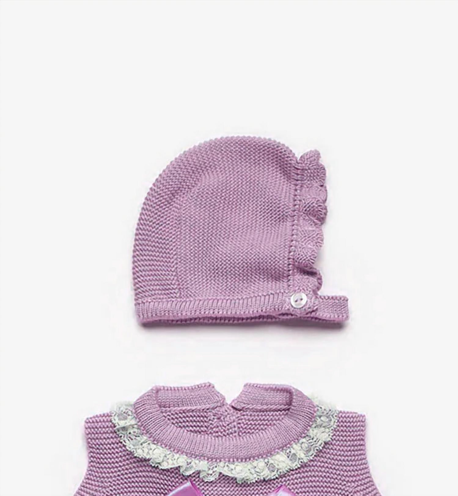 Juliana - Girl's Knit Front Bow Onesie And Hat Set