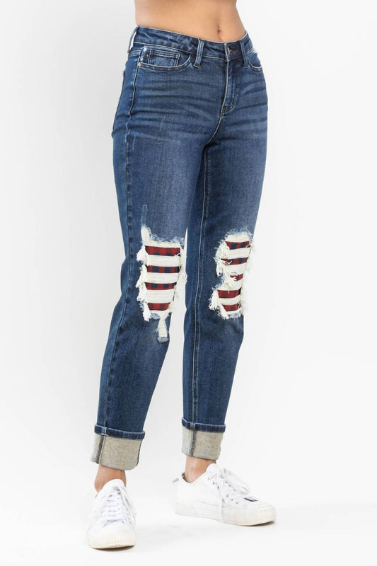 Judy Blue - “charlotte” Midrise Buffalo Plaid Patch Destroyed Boyfriend Jeans