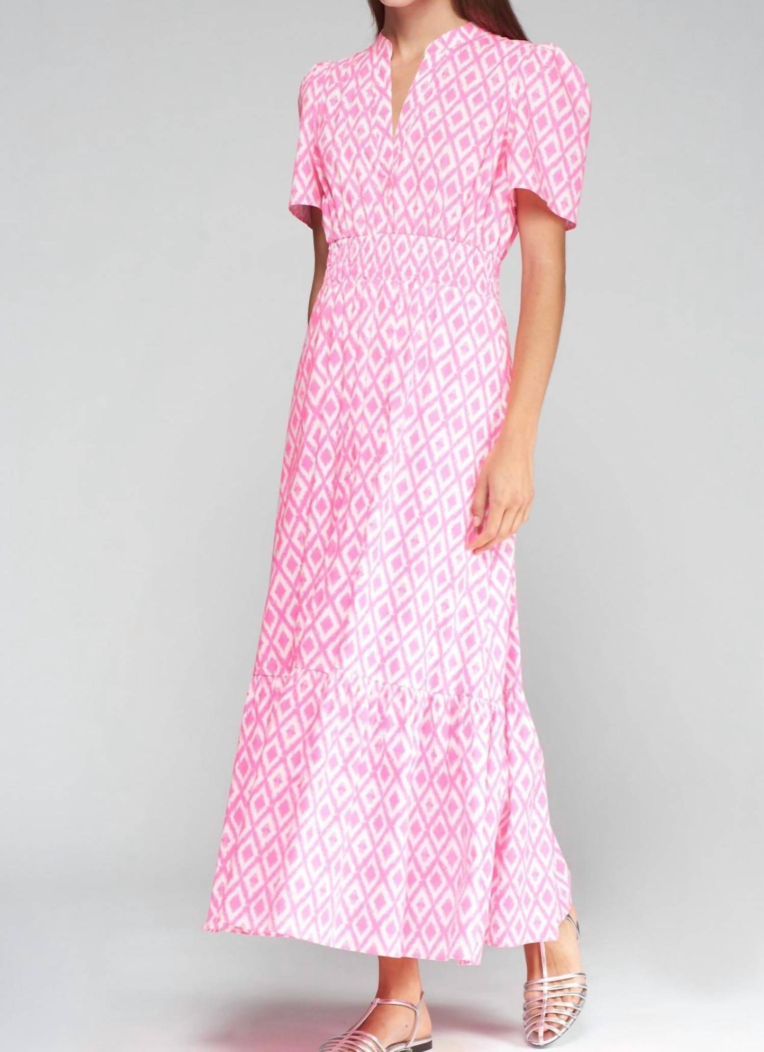 Vilagallo Leila Ikat Dress in neon pink - women's dress - detail view