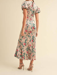 Mable - Puff Sleeve Velvet Floral Mermaid Midi Dress